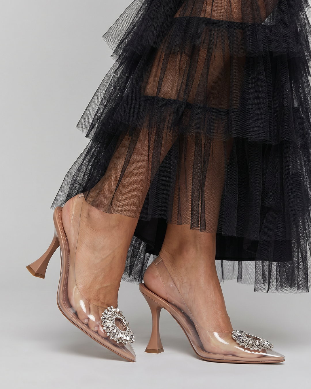 Omela | Mules de Tacón con Panel Transparente y Hebilla de Strass