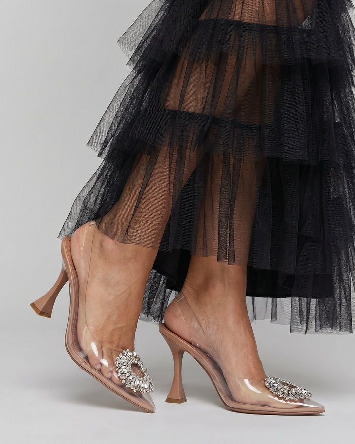 Omela | Mules de Tacón con Panel Transparente y Hebilla de Strass