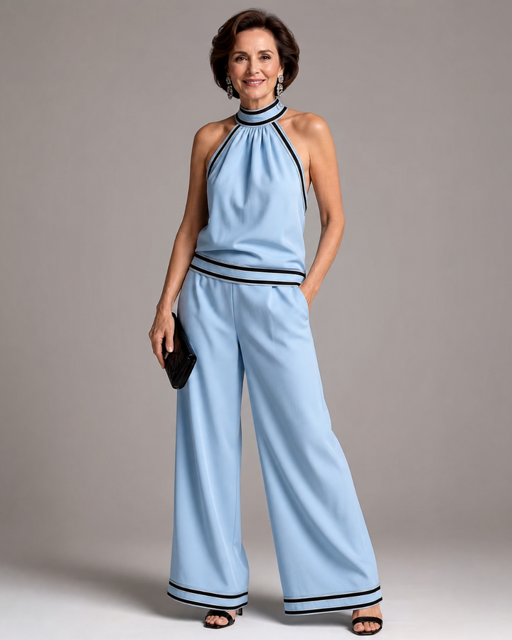Zephyrine | Mono de Pierna Ancha con Cuello Halter y Ribete en Contraste