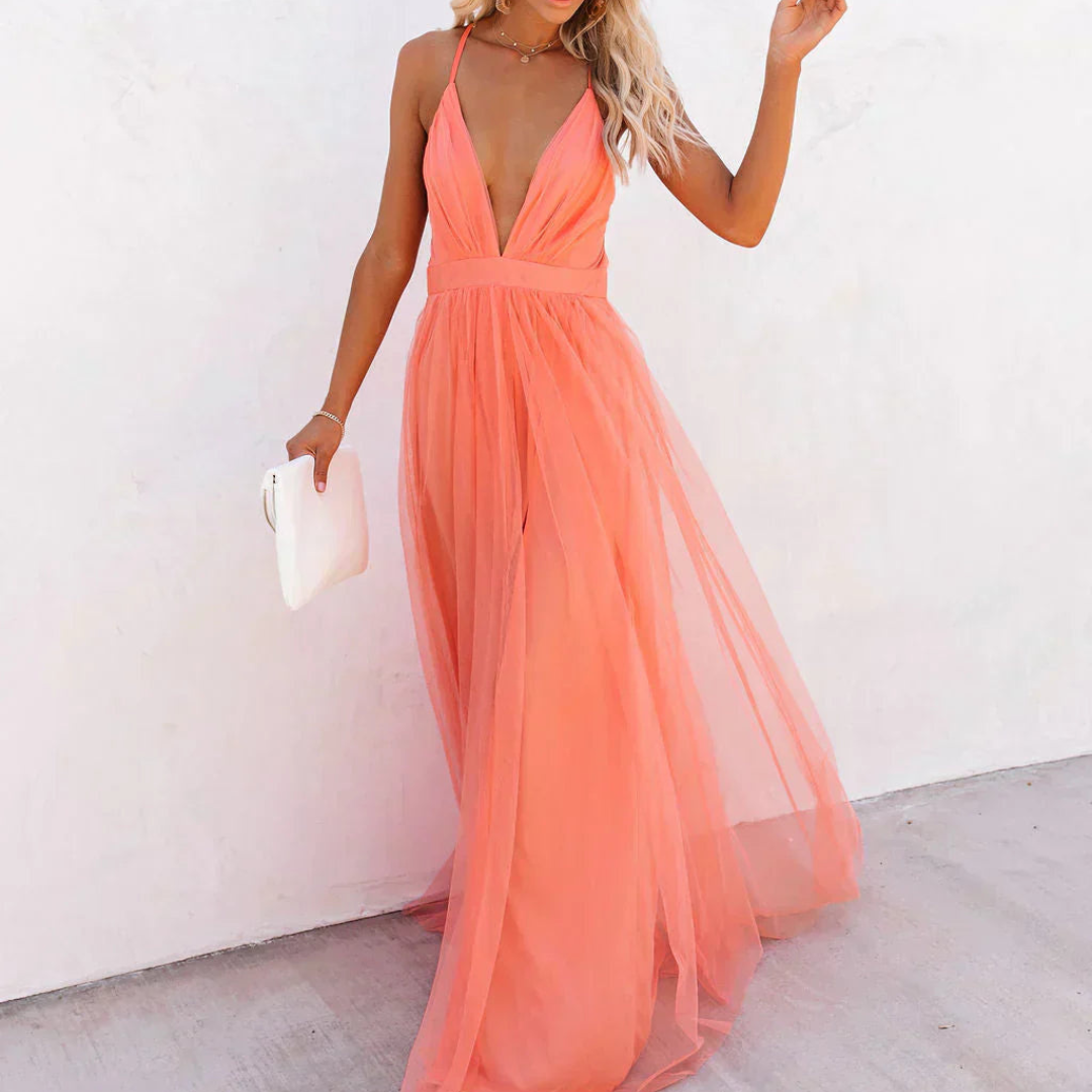 DELACROIX | Vestido Maxi Luminoso en coral – Elegancia luminosa