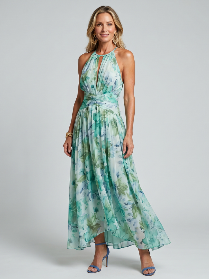 Vestido midi plisado Portia con cuello halter y estampado floral suave