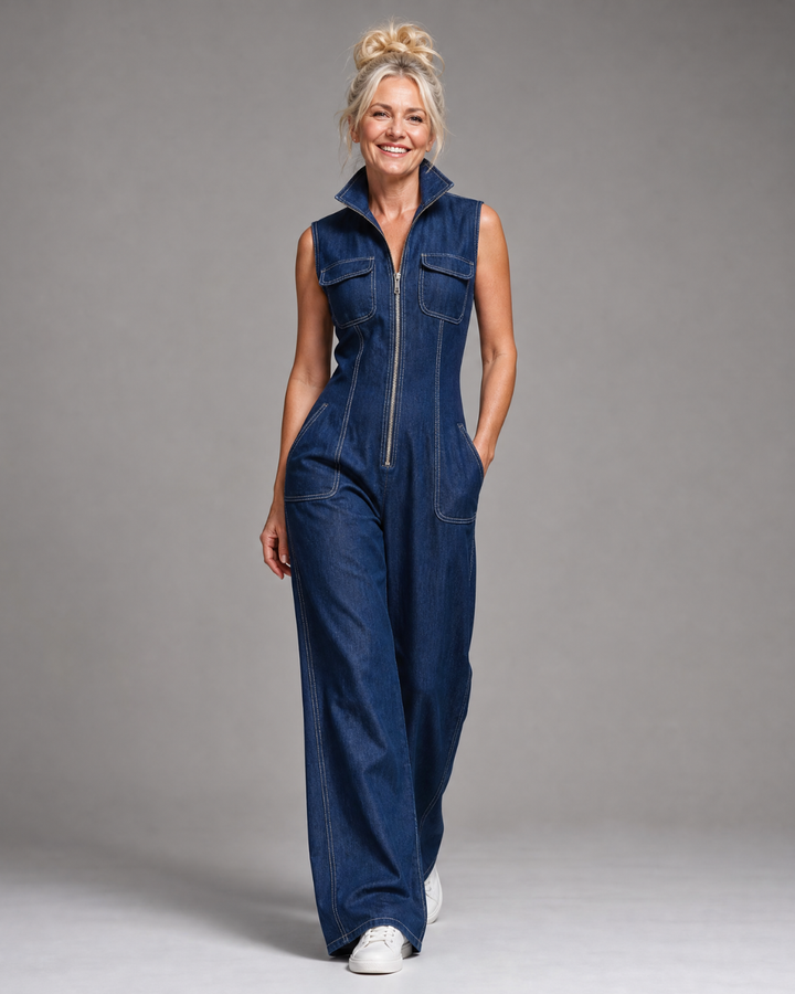 Samantha | Mono Denim sin Mangas de Pierna Ancha con Cremallera