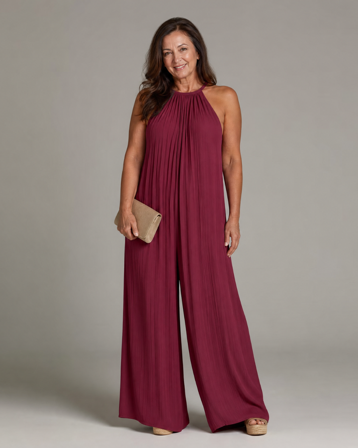 Sylvara | Mono Holgado Plisado de Pierna Ancha con Cuello Halter