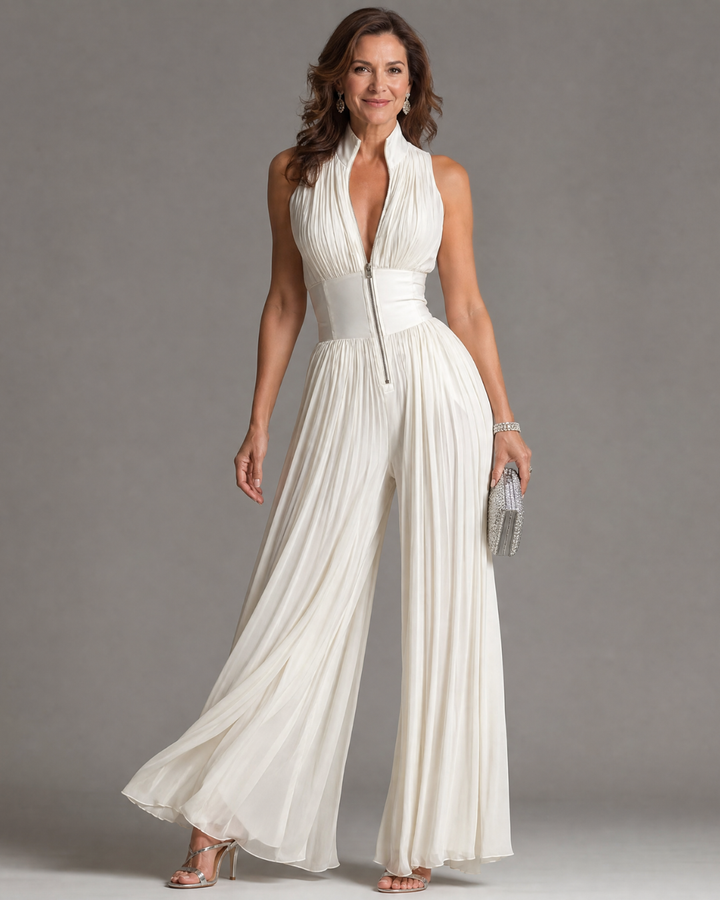 Zakira | Mono Plisado de Pierna Ancha con Cuello Halter