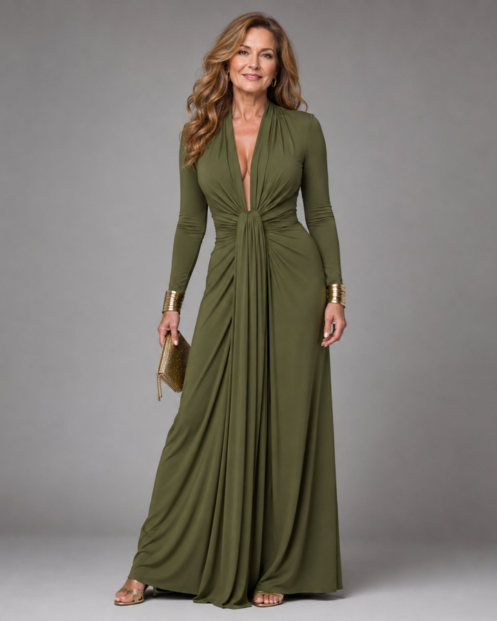 Vimmer | Vestido Maxi Drapeado de Manga Larga con Escote en V Profundo