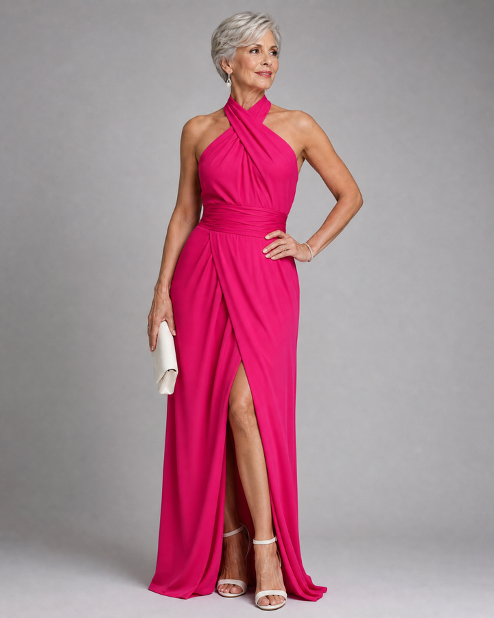 Vaelora | Vestido Midi Drapeado con Cuello Halter Cruzado y Abertura Lateral