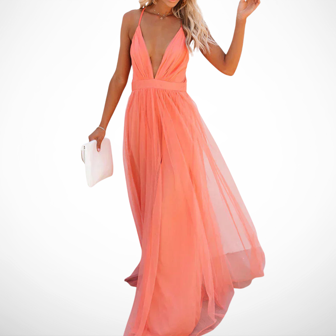 DELACROIX | Vestido Maxi Luminoso en coral – Elegancia luminosa