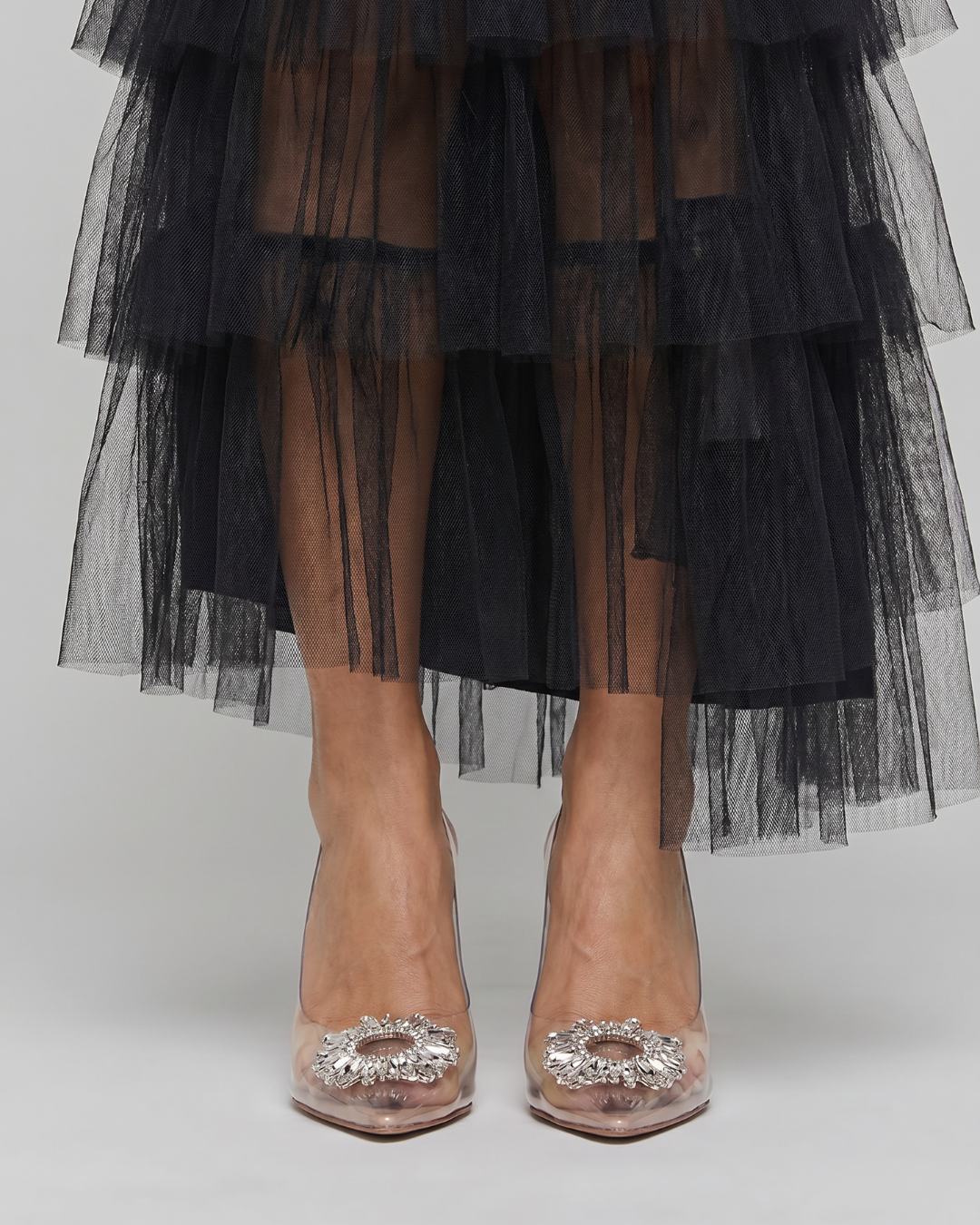 Omela | Mules de Tacón con Panel Transparente y Hebilla de Strass