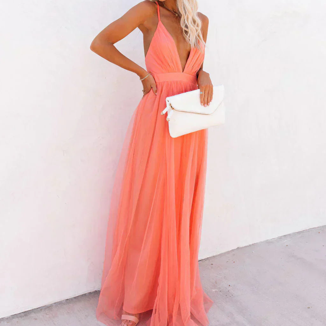 DELACROIX | Vestido Maxi Luminoso en coral – Elegancia luminosa
