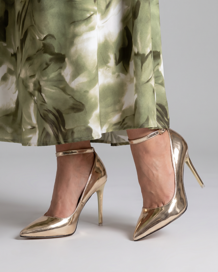 Elowen | Zapatos de Tacón Metalizados de Punta Fina con Tira de Tobillo
