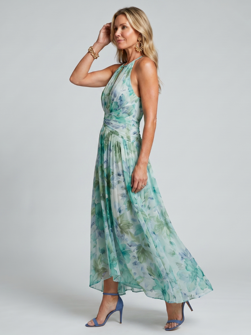 Vestido midi plisado Portia con cuello halter y estampado floral suave