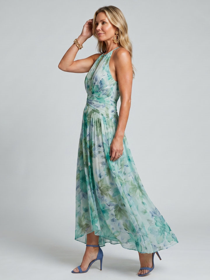 Vestido midi plisado Portia con cuello halter y estampado floral suave