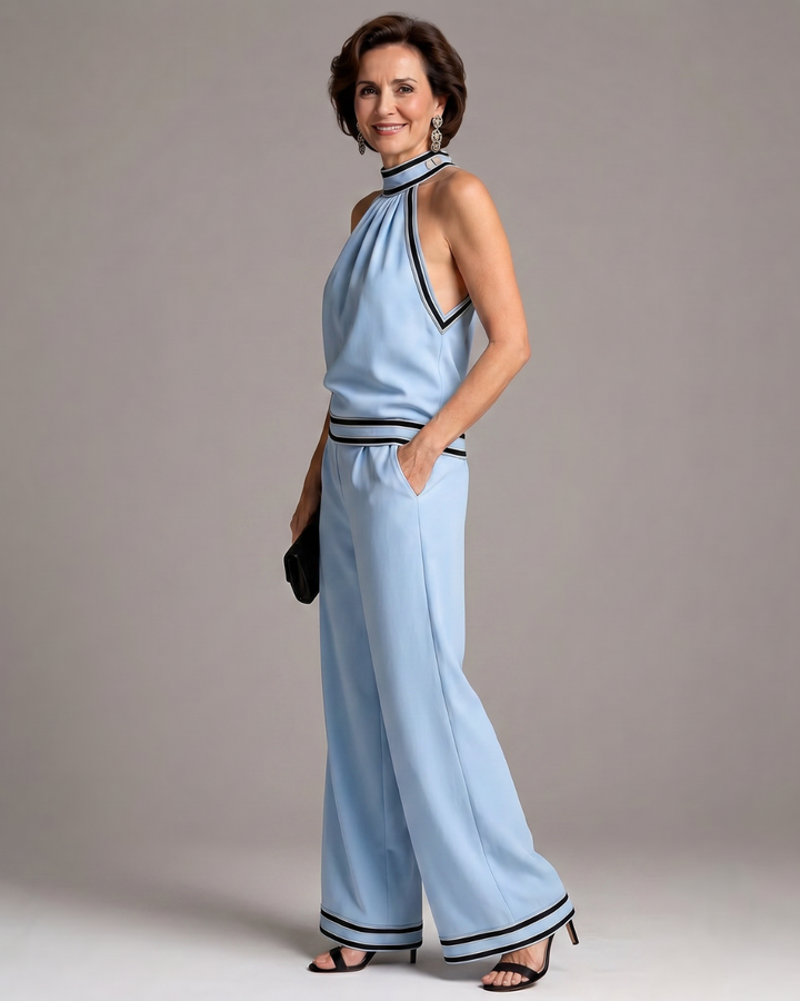 Zephyrine | Mono de Pierna Ancha con Cuello Halter y Ribete en Contraste