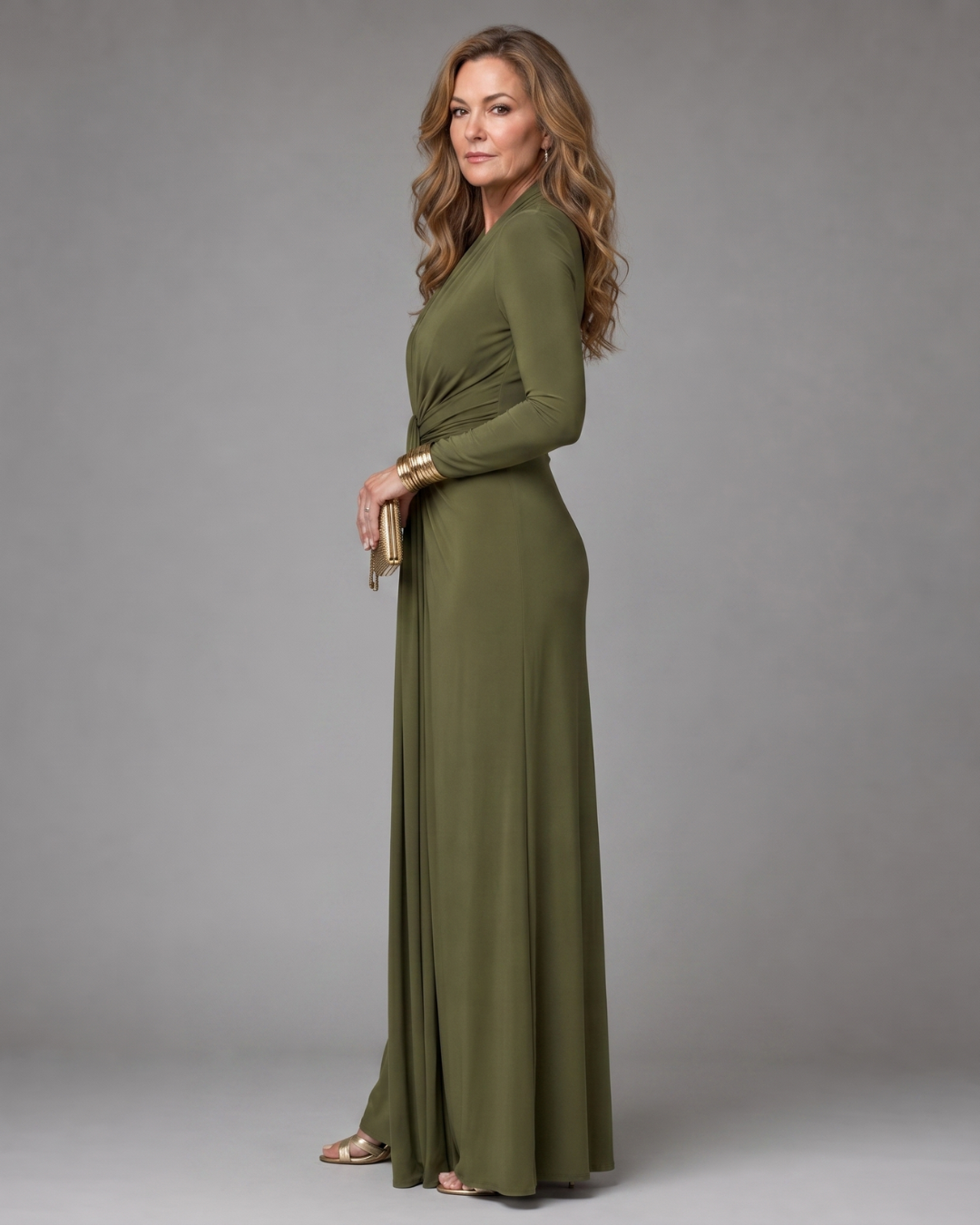 Vimmer | Vestido Maxi Drapeado de Manga Larga con Escote en V Profundo