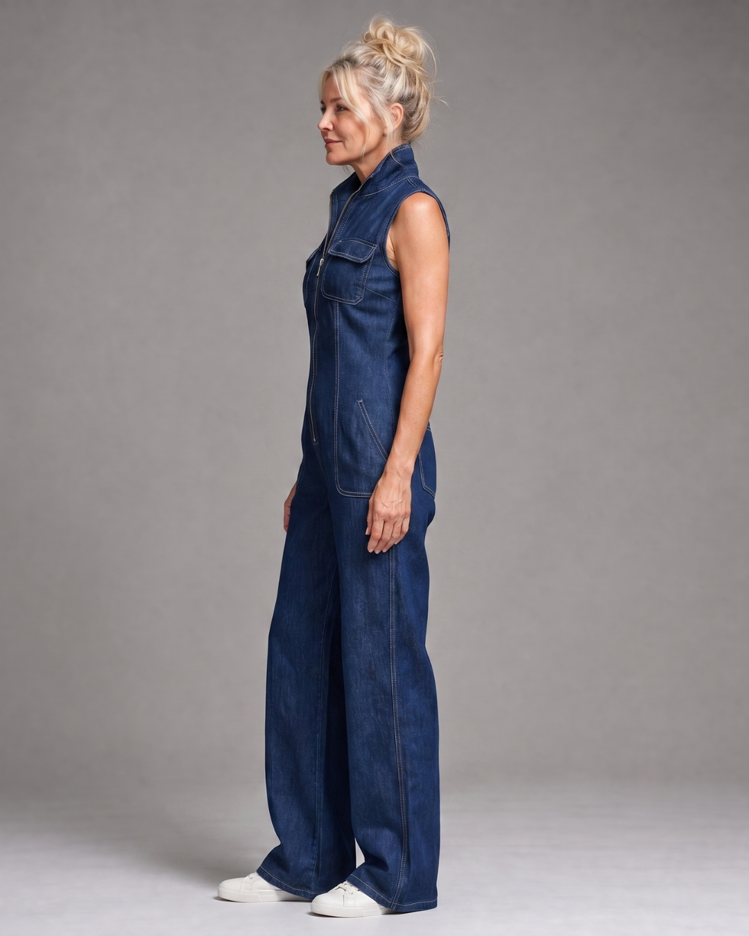 Samantha | Mono Denim sin Mangas de Pierna Ancha con Cremallera
