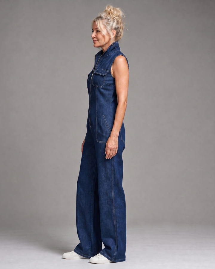 Samantha | Mono Denim sin Mangas de Pierna Ancha con Cremallera