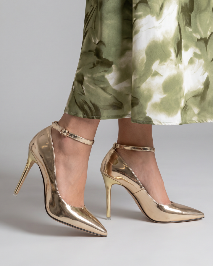Elowen | Zapatos de Tacón Metalizados de Punta Fina con Tira de Tobillo