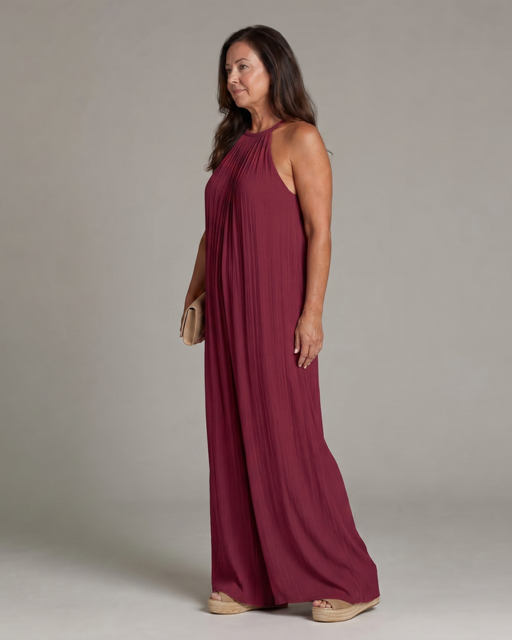 Sylvara | Mono Holgado Plisado de Pierna Ancha con Cuello Halter