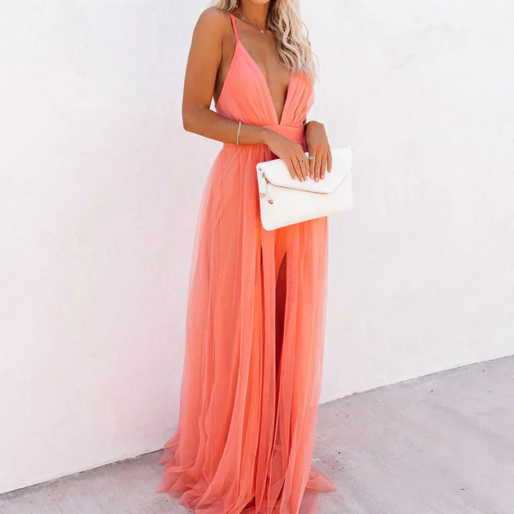 DELACROIX | Vestido Maxi Luminoso en coral – Elegancia luminosa