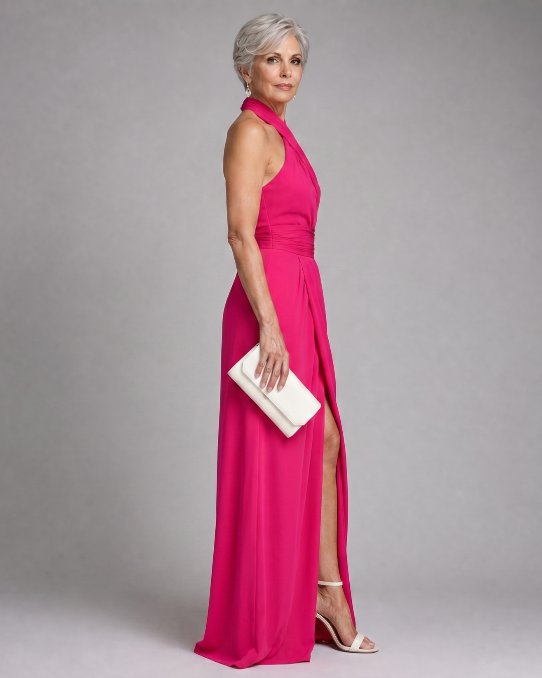 Vaelora | Vestido Midi Drapeado con Cuello Halter Cruzado y Abertura Lateral