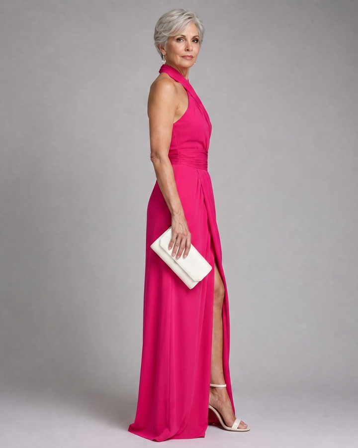 Vaelora | Vestido Midi Drapeado con Cuello Halter Cruzado y Abertura Lateral