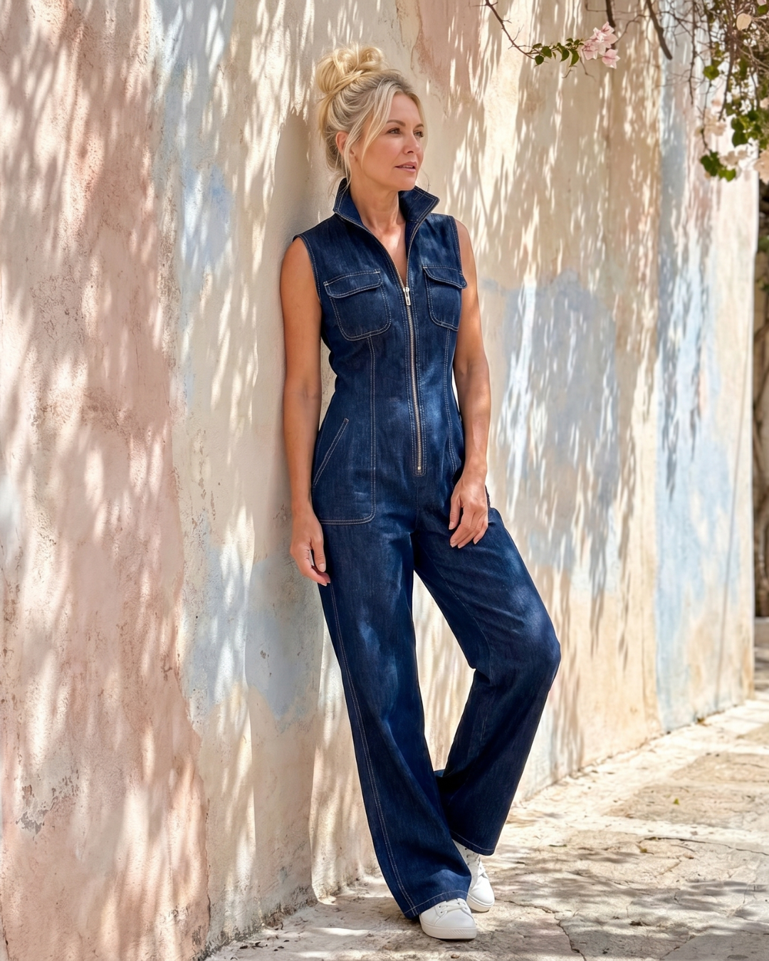 Samantha | Mono Denim sin Mangas de Pierna Ancha con Cremallera