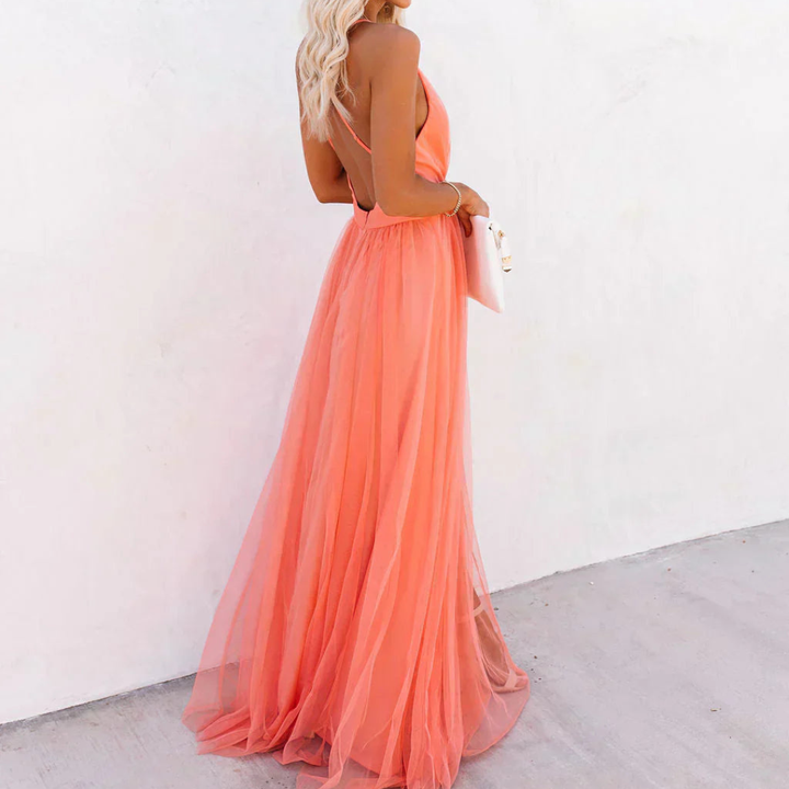 DELACROIX | Vestido Maxi Luminoso en coral – Elegancia luminosa