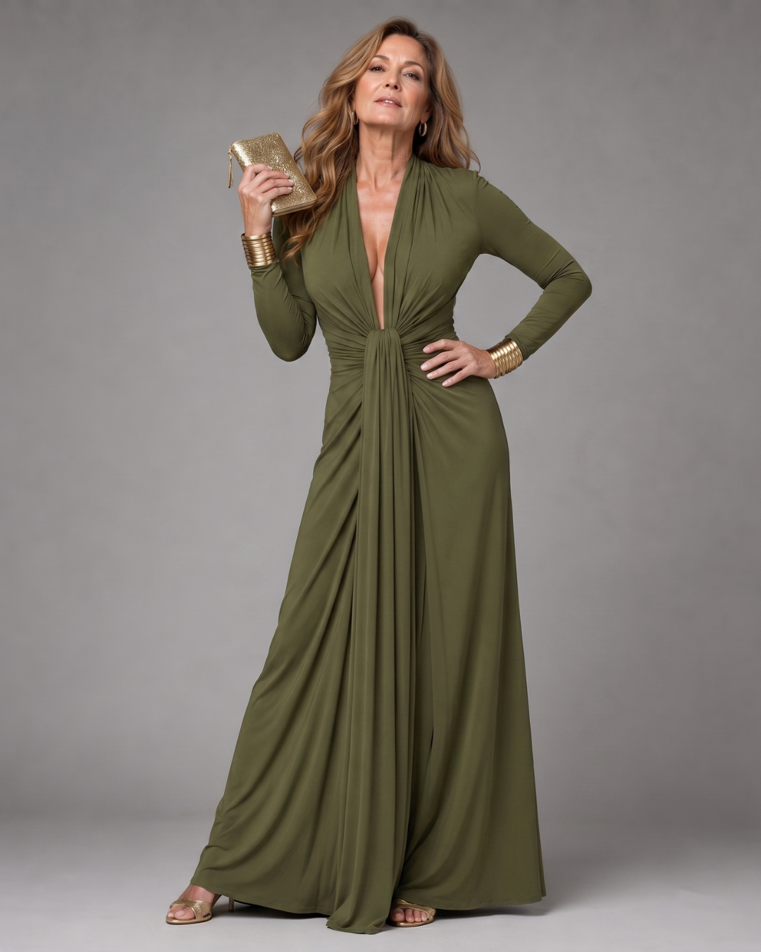 Vimmer | Vestido Maxi Drapeado de Manga Larga con Escote en V Profundo