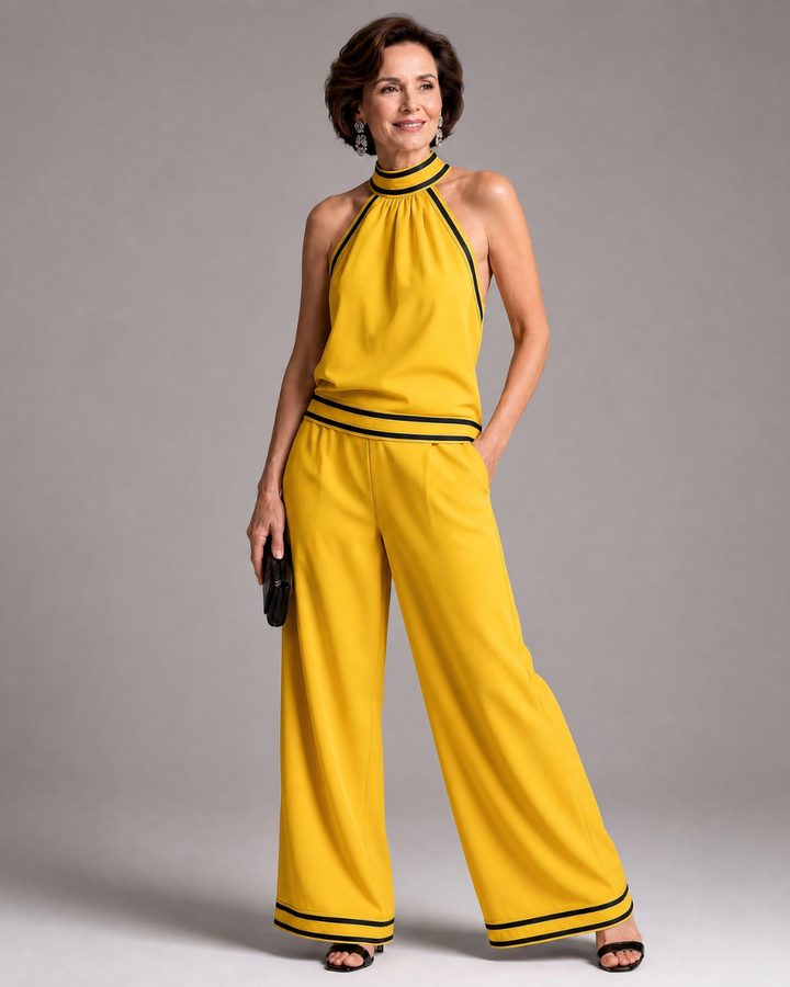 Zephyrine | Mono de Pierna Ancha con Cuello Halter y Ribete en Contraste