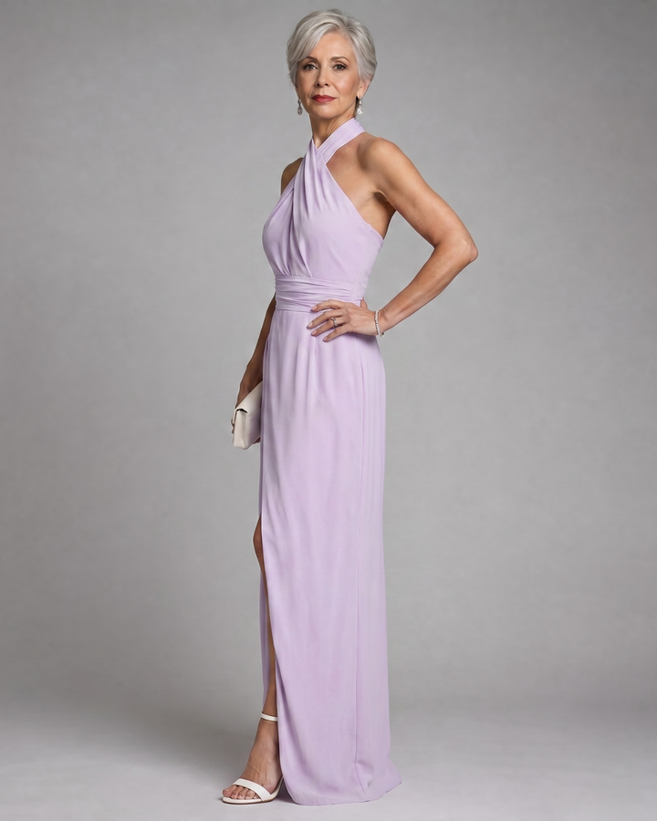 Vaelora | Vestido Midi Drapeado con Cuello Halter Cruzado y Abertura Lateral