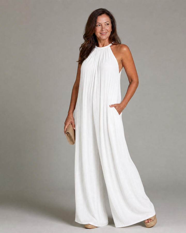 Sylvara | Mono Holgado Plisado de Pierna Ancha con Cuello Halter