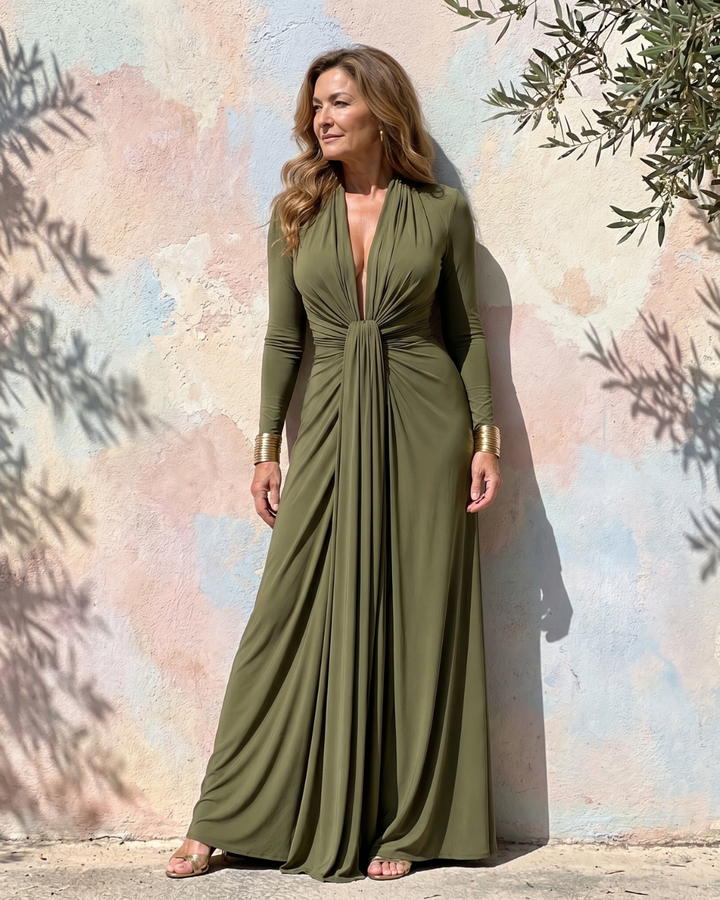 Vimmer | Vestido Maxi Drapeado de Manga Larga con Escote en V Profundo