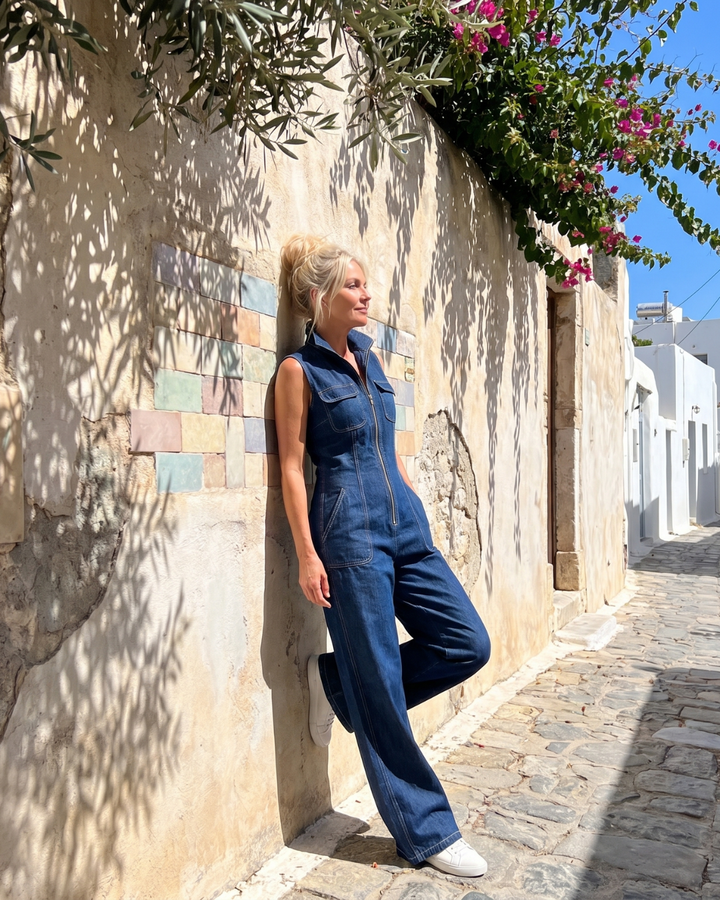 Samantha | Mono Denim sin Mangas de Pierna Ancha con Cremallera