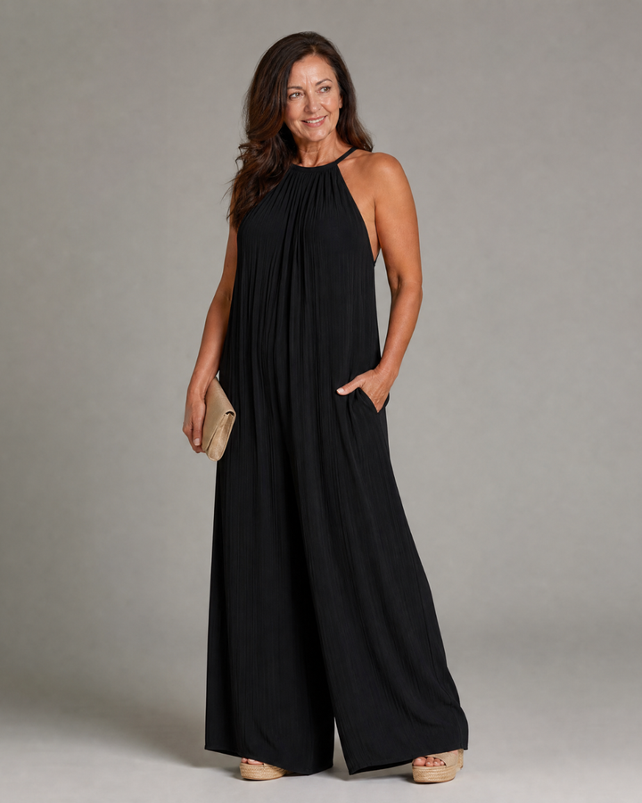 Sylvara | Mono Holgado Plisado de Pierna Ancha con Cuello Halter