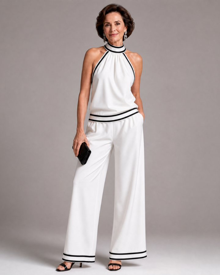 Zephyrine | Mono de Pierna Ancha con Cuello Halter y Ribete en Contraste