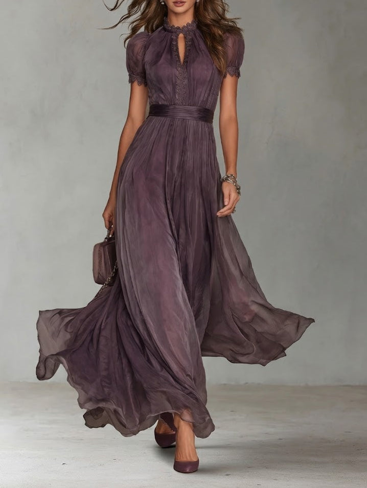 Flavia - Vestido largo morado con escote en lágrima y borde de encaje de chiffon