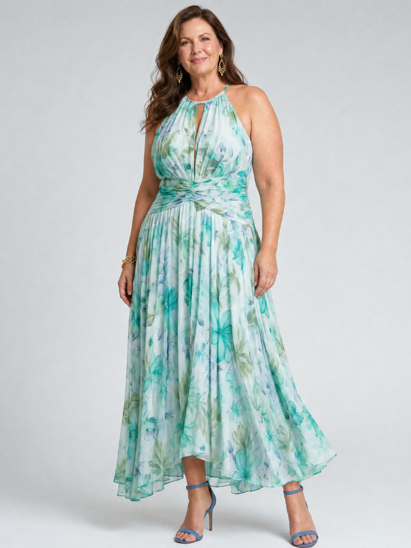 Vestido midi plisado Portia con cuello halter y estampado floral suave
