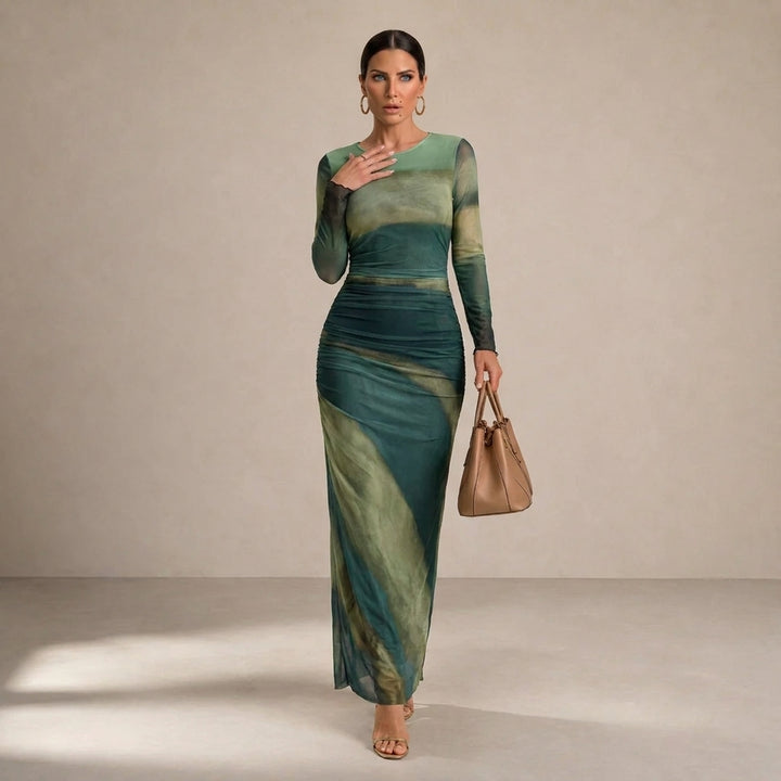 TORINA™ - Vestido maxi ajustado tipo bodycon con estampado, de manga larga y cuello redondo, cómodo