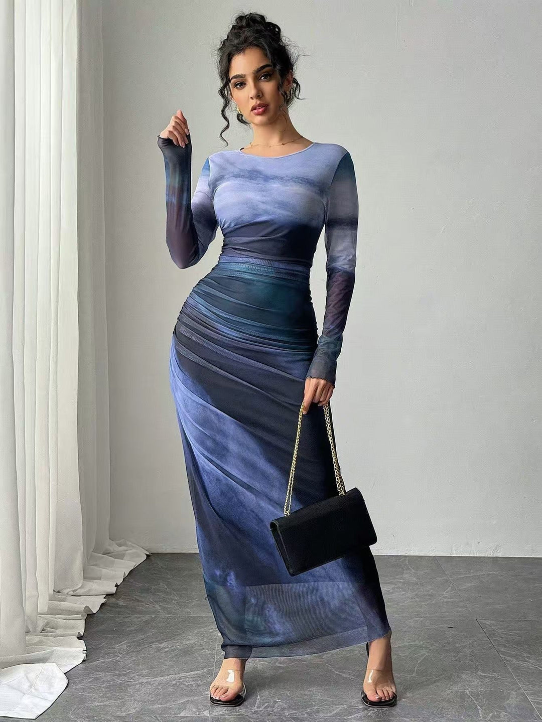 TORINA™ - Vestido maxi ajustado tipo bodycon con estampado, de manga larga y cuello redondo, cómodo