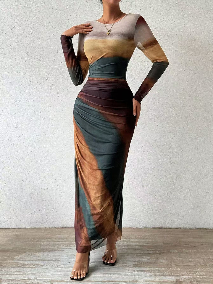 TORINA™ - Vestido maxi ajustado tipo bodycon con estampado, de manga larga y cuello redondo, cómodo