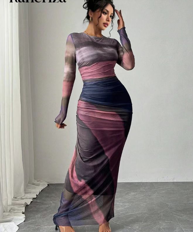 TORINA™ - Vestido maxi ajustado tipo bodycon con estampado, de manga larga y cuello redondo, cómodo