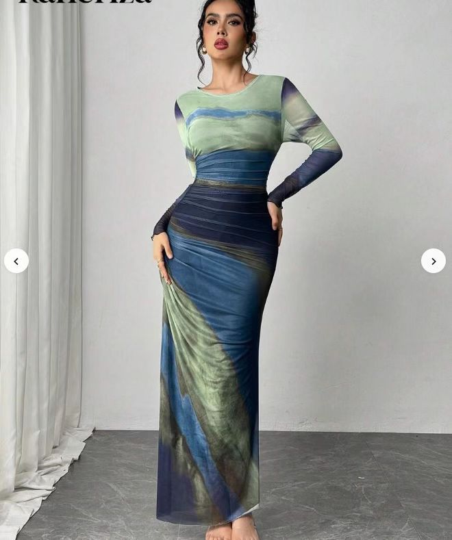 TORINA™ - Vestido maxi ajustado tipo bodycon con estampado, de manga larga y cuello redondo, cómodo