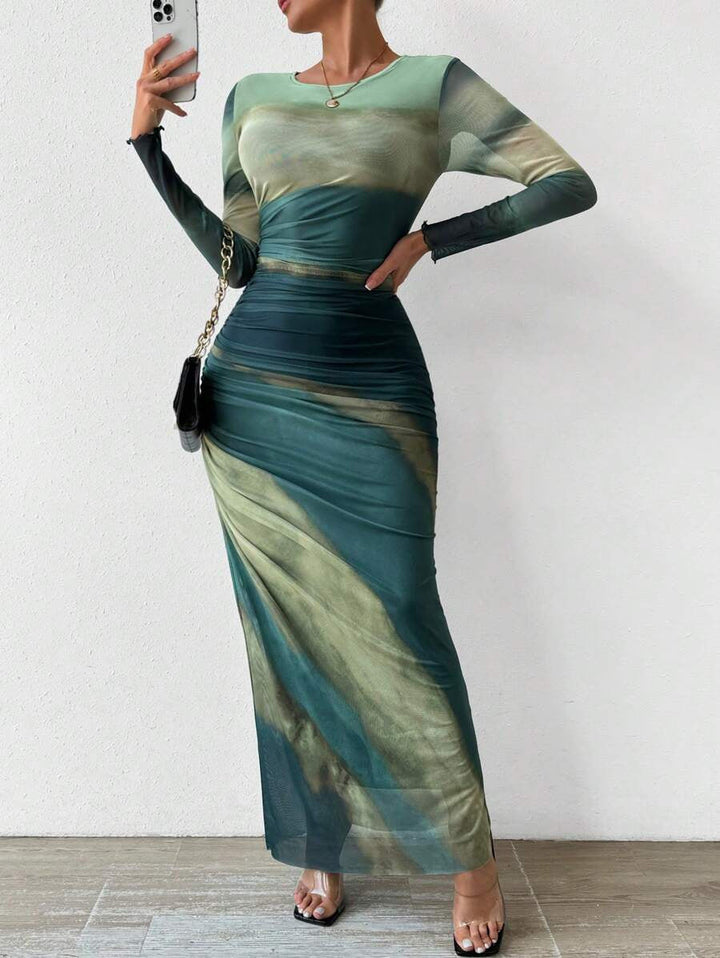 TORINA™ - Vestido maxi ajustado tipo bodycon con estampado, de manga larga y cuello redondo, cómodo