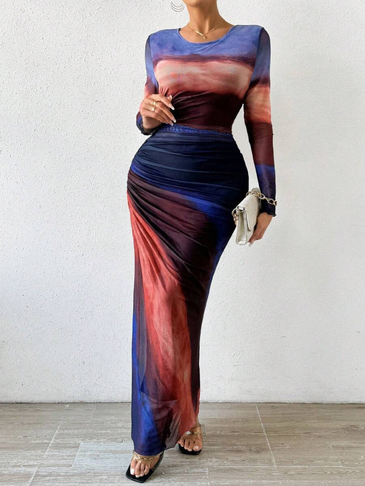 TORINA™ - Vestido maxi ajustado tipo bodycon con estampado, de manga larga y cuello redondo, cómodo