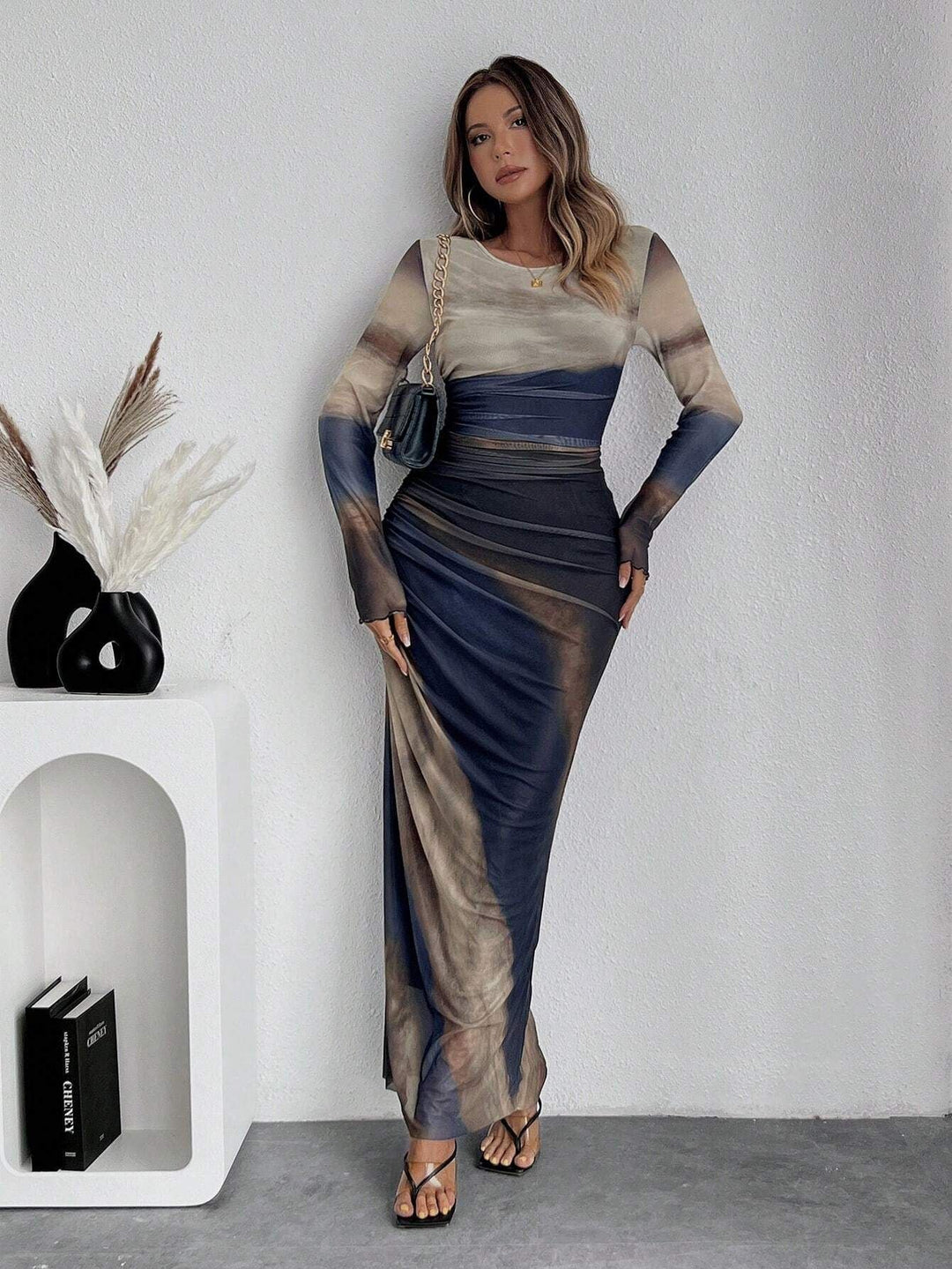 TORINA™ - Vestido maxi ajustado tipo bodycon con estampado, de manga larga y cuello redondo, cómodo