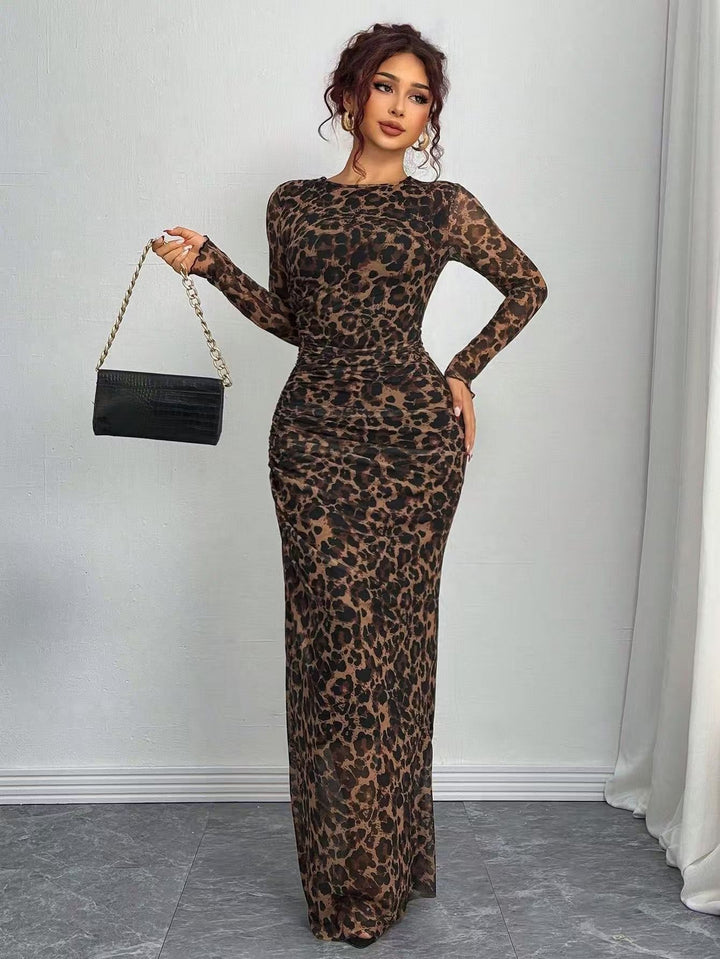 TORINA™ - Vestido maxi ajustado tipo bodycon con estampado, de manga larga y cuello redondo, cómodo