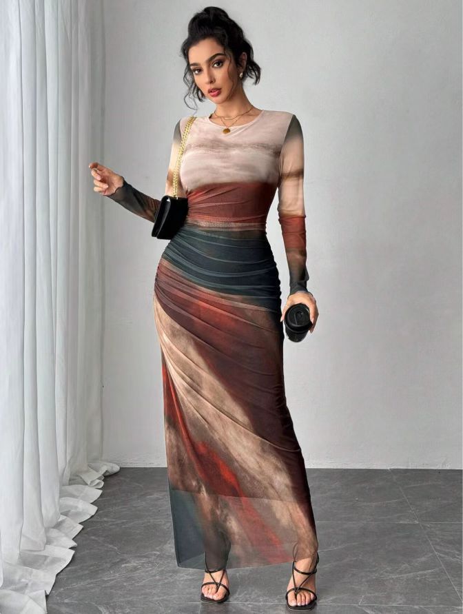 TORINA™ - Vestido maxi ajustado tipo bodycon con estampado, de manga larga y cuello redondo, cómodo