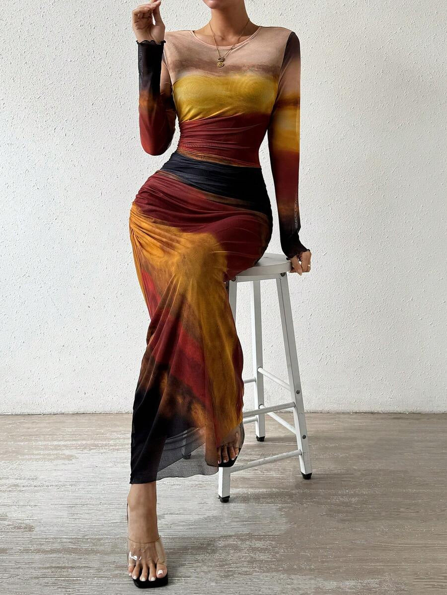 TORINA™ - Vestido maxi ajustado tipo bodycon con estampado, de manga larga y cuello redondo, cómodo