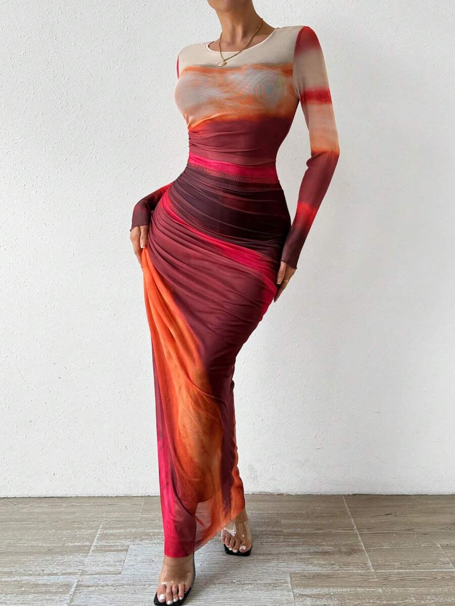 TORINA™ - Vestido maxi ajustado tipo bodycon con estampado, de manga larga y cuello redondo, cómodo