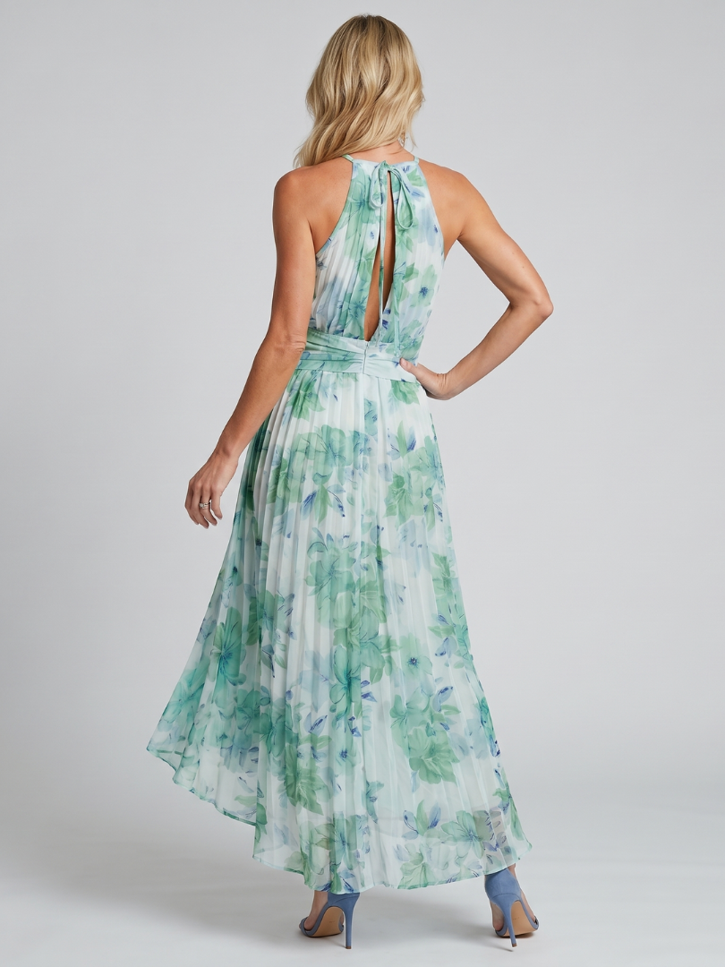 Vestido midi plisado Portia con cuello halter y estampado floral suave